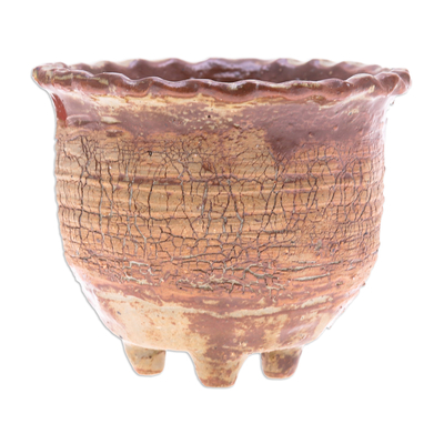 Maceta de cerámica - Maceta de cerámica marrón terrosa hecha a mano con acabado craquelado