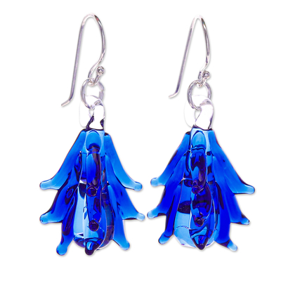 Handblown glass dangle earrings, 'Royal Blue Tree' - Tree-Inspired Handblown Glass Dangle Earrings in Royal Blue