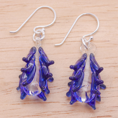 Handblown glass dangle earrings, 'Royal Blue Tree' - Tree-Inspired Handblown Glass Dangle Earrings in Royal Blue