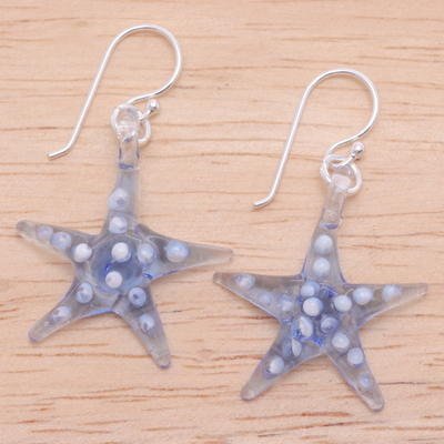 Handblown glass dangle earrings, 'Light Blue Starfish' - Light Blue & White Handblown Glass Starfish Dangle Earrings