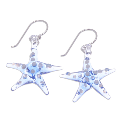 Handblown glass dangle earrings, 'Light Blue Starfish' - Light Blue & White Handblown Glass Starfish Dangle Earrings