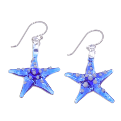 Handblown glass dangle earrings, 'Azure Starfish' - Blue & White Handblown Glass Starfish Dangle Earrings