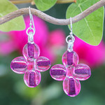 Handblown glass dangle earrings, 'Vibrant Blossoms' - Blown Glass Floral Dangle Earrings in Pink with Silver Hooks