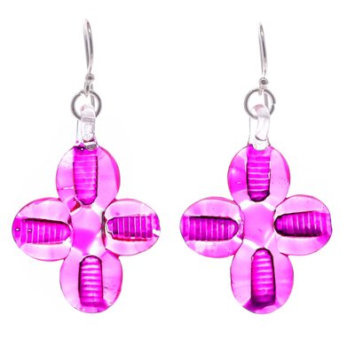 Handblown glass dangle earrings, 'Vibrant Blossoms' - Blown Glass Floral Dangle Earrings in Pink with Silver Hooks