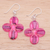 Handblown glass dangle earrings, 'Vibrant Blossoms' - Blown Glass Floral Dangle Earrings in Pink with Silver Hooks