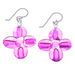 Handblown glass dangle earrings, 'Vibrant Blossoms' - Blown Glass Floral Dangle Earrings in Pink with Silver Hooks