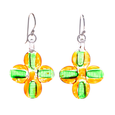 Handblown glass dangle earrings, 'Exotic Blossoms' - Orange and Green Handblown Glass Floral Dangle Earrings