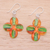 Handblown glass dangle earrings, 'Exotic Blossoms' - Orange and Green Handblown Glass Floral Dangle Earrings