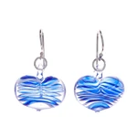 Handblown glass dangle earrings, 'Loving Blue' - Handblown Glass Heart Dangle Earrings in Blue and White