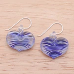 Handblown glass dangle earrings, 'Loving Blue' - Handblown Glass Heart Dangle Earrings in Blue and White