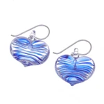 Handblown glass dangle earrings, 'Loving Blue' - Handblown Glass Heart Dangle Earrings in Blue and White