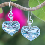 Handblown glass dangle earrings, 'Loving Green' - Handblown Glass Heart Dangle Earrings in Green and White