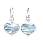 Handblown glass dangle earrings, 'Loving Green' - Handblown Glass Heart Dangle Earrings in Green and White