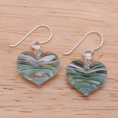 Handblown glass dangle earrings, 'Loving Green' - Handblown Glass Heart Dangle Earrings in Green and White