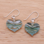 Handblown glass dangle earrings, 'Loving Green' - Handblown Glass Heart Dangle Earrings in Green and White