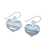 Handblown glass dangle earrings, 'Loving Green' - Handblown Glass Heart Dangle Earrings in Green and White