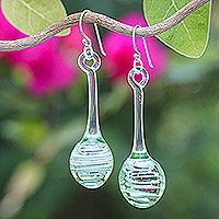 Handblown glass dangle earrings, 'Petite Green Pendulum' - Green White & Clear Handblown Glass Pendulum Dangle Earrings