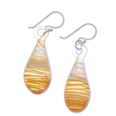 Handblown glass dangle earrings, 'Dew Drop in Yellow' - Handblown Glass Dangle Earrings with Yellow & White Spirals