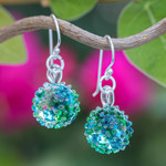 Handblown glass dangle earrings, 'Green & Blue Berries' - Handblown Glass Spike Ball Dangle Earrings in Green and Blue