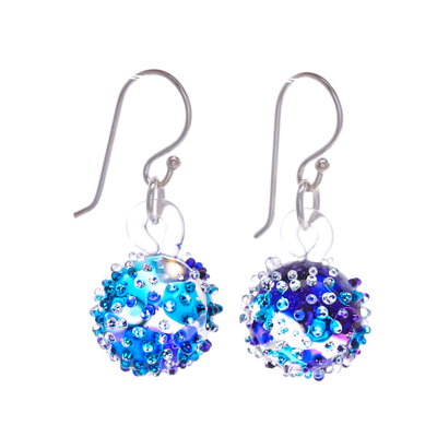 Handblown glass dangle earrings, 'Purple & Blue Berries' - Handblown Glass Spike Ball Dangle Earrings in Purple & Blue