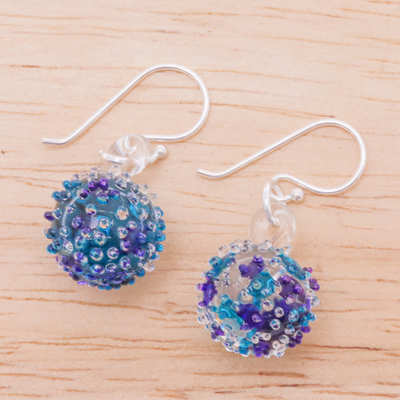 Handblown glass dangle earrings, 'Purple & Blue Berries' - Handblown Glass Spike Ball Dangle Earrings in Purple & Blue