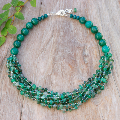 Chalcedony beaded strand necklace, 'Thoughtful Jewels' - Green-Toned Chalcedony and Glass Beaded Strand Necklace