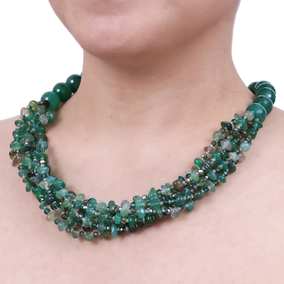 Collar de hilo de cuentas de calcedonia - Collar de hilo de cuentas de vidrio y calcedonia en tonos verdes