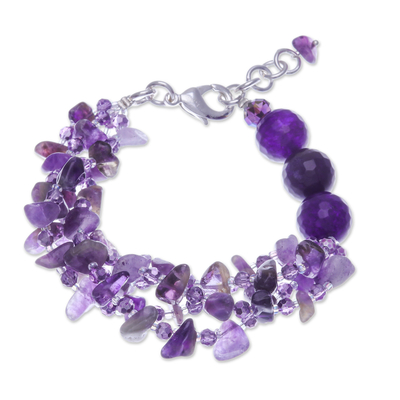 Amethyst and chalcedony beaded strand bracelet, 'Wise Jewels' - Purple-Toned Amethyst and Chalcedony Beaded Strand Bracelet