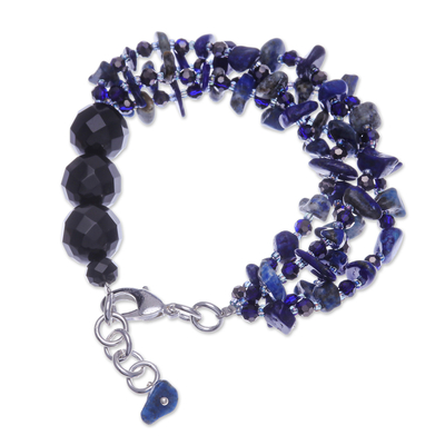 Lapis lazuli beaded strand bracelet, 'True Jewels' - Blue-Toned Lapis Lazuli and Glass Beaded Strand Bracelet