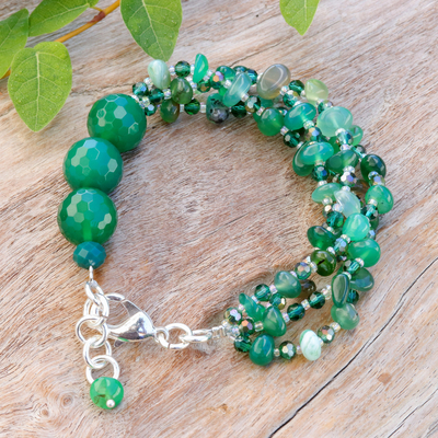 Chalcedony beaded strand bracelet, 'Thoughtful Jewels' - Green-Toned Chalcedony and Glass Beaded Strand Bracelet