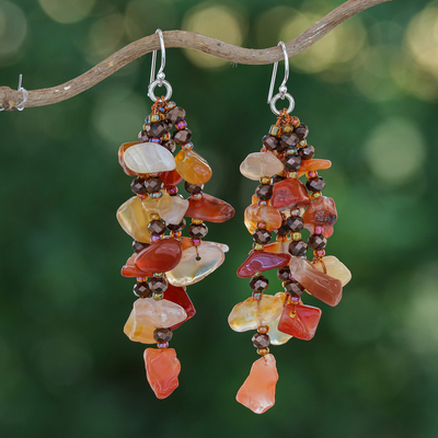 Carnelian beaded waterfall earrings, 'Courageous Jewels' - Orange-Toned Carnelian and Glass Beaded Waterfall Earrings