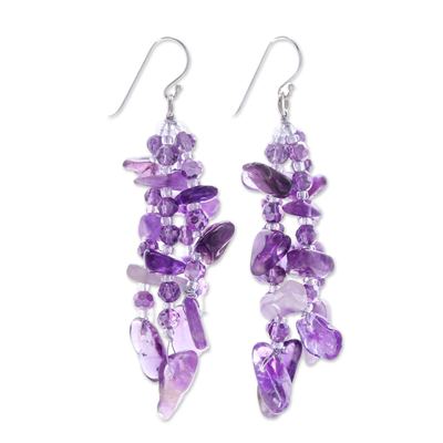 Amethyst beaded waterfall earrings, 'Wise Jewels' - Purple-Toned Amethyst and Glass Beaded Waterfall Earrings