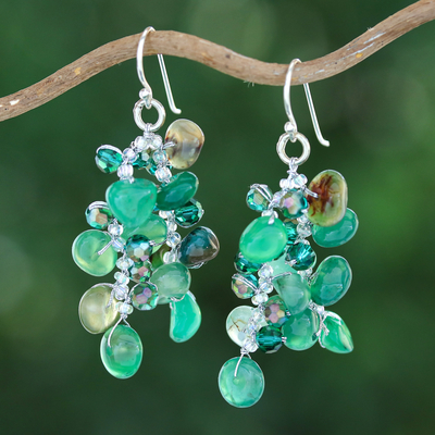 Chalcedony beaded waterfall earrings, 'Thoughtful Jewels' - Green-Toned Chalcedony and Glass Beaded Waterfall Earrings