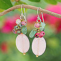 Quartz and aventurine cluster earrings, 'Pink and Green Chic'