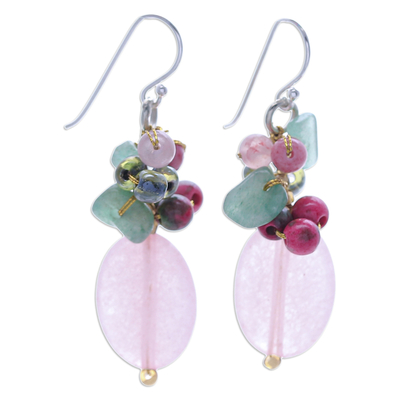 Quartz and aventurine cluster earrings, 'Pink and Green Chic' - Quartz Aventurine Glass and Resin Beaded Cluster Earrings