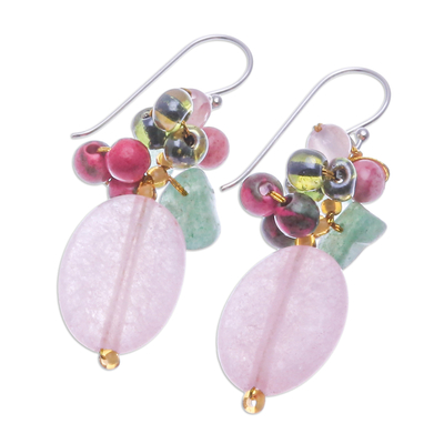 Quartz and aventurine cluster earrings, 'Pink and Green Chic' - Quartz Aventurine Glass and Resin Beaded Cluster Earrings