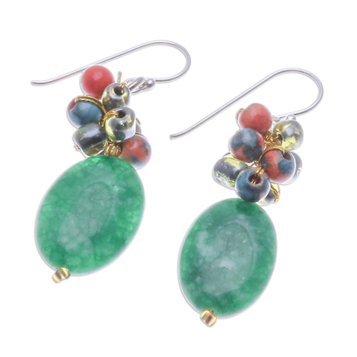Quartz, glass and resin cluster earrings, 'Glamorous Green' - Green Quartz Glass and Resin Beaded Cluster Earrings