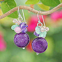 Quartz, glass and resin cluster earrings, 'Purple Perfect' - Purple Quartz Glass and Resin Beaded Cluster Earrings