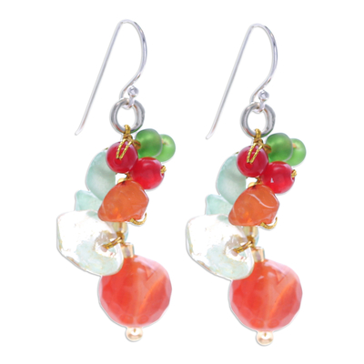 Multi-gemstone cluster earrings, 'Orange and Green Glam' - Chalcedony Citrine Quartz and Glass Beaded Cluster Earrings