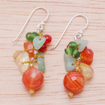 Multi-gemstone cluster earrings, 'Orange and Green Glam' - Chalcedony Citrine Quartz and Glass Beaded Cluster Earrings