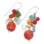 Multi-gemstone cluster earrings, 'Orange and Green Glam' - Chalcedony Citrine Quartz and Glass Beaded Cluster Earrings