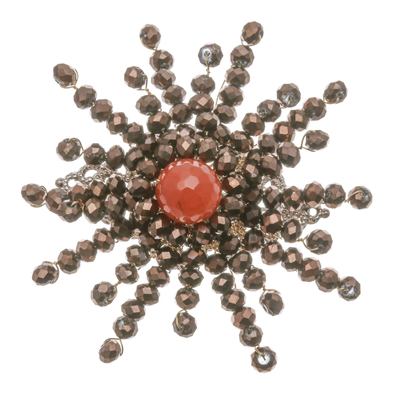 Chalcedony and glass beaded brooch, 'The Evening Starlight' - Star-Shaped Orange Chalcedony and Glass Beaded Brooch