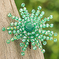 Chalcedony and glass beaded brooch, 'The Harmonious Starlight' - Star-Shaped Green Chalcedony and Glass Beaded Brooch