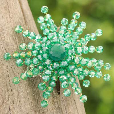 Broche de calcedonia y cuentas de cristal - Broche de calcedonia verde y cuentas de cristal en forma de estrella