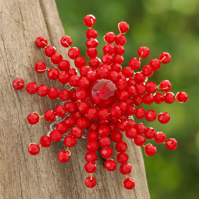 Chalcedony and glass beaded brooch, 'The Passionate Starlight' - Star-Shaped Red Chalcedony and Glass Beaded Brooch