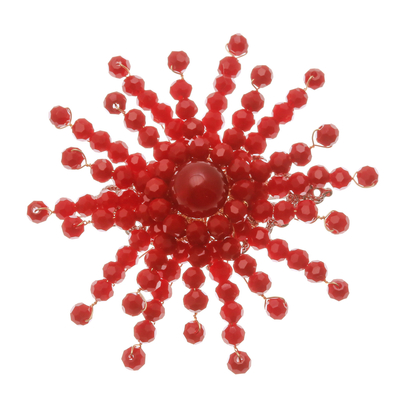 Chalcedony and glass beaded brooch, 'The Passionate Starlight' - Star-Shaped Red Chalcedony and Glass Beaded Brooch