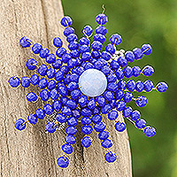 Chalcedony and glass beaded brooch, 'The Magical Starlight' - Star-Shaped Blue Chalcedony and Glass Beaded Brooch