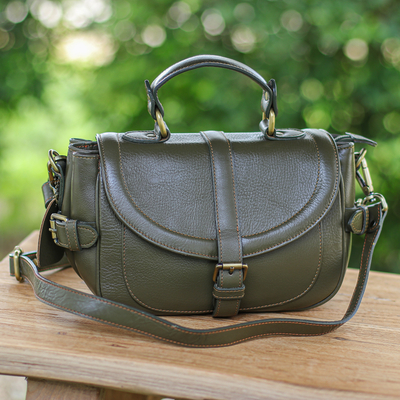 100% Olive Leather Shoulder Bag with Detachable Strap - Olive
