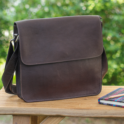 Leather shoulder bag, 'Metropolitan Chocolate' - Handcrafted Adjustable 100% Chocolate Leather Shoulder Bag