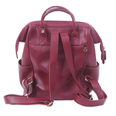 Leather backpack, 'Garnet Experiences' - Handcrafted Adjustable 100% Garnet Leather Backpack